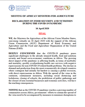 MEETING OF AFRICAN MINISTERS FOR AGRICULTURE DECLARATION ON FOOD SECURITY AND NUTRITION DURING THE COVID-19 PANDEMIC title=