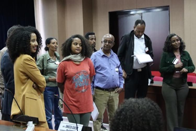 Community Librarians in Ethiopia and their trainers from the Bibliotheca Vasconcelos (Mexico) exploring and retooling practical aspects and skills in library management.