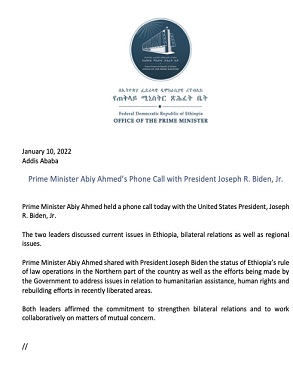 Prime Minister Abiy Ahmed’s Phone Call with President Joseph R. Biden, Jr title=