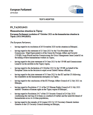 Humanitarian situation in Tigray: European Parliament resolution of 7 October 2021 on the humanitarian situation in Tigray (2021/2902(RSP)) title=
