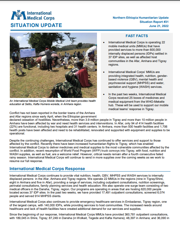 Ethiopia – Tigray Region Humanitarian Update Situation Report #31 - June 21, 2022 title=