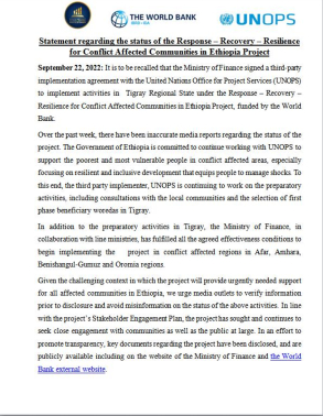 Statement regarding the status of the Response – Recovery – Resilience for Conflict Affected Communities in Ethiopia Project. title=
