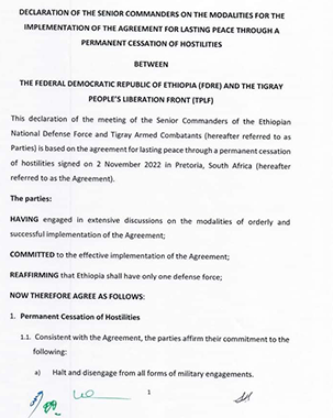 Declaration of the Senior Commanders [of the Government of the Federal Democratic Republic of Ethiopia and the TPLF] on the modalities for the implementation of the agreement for lasting peace through a Permanent Cessation of Hostilities title=