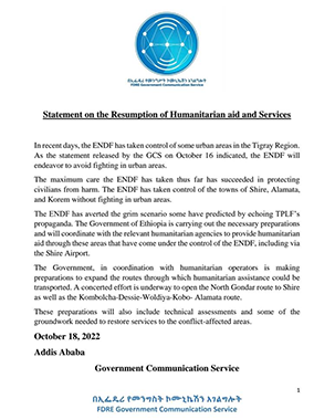 Statement on the Resumption of Humanitarian aid and Services title=