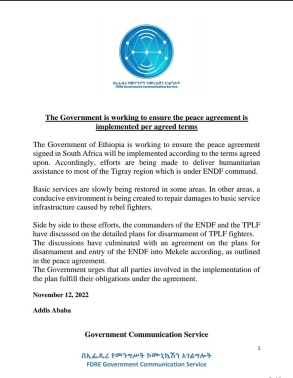 The Government is working to ensure the peace agreement is implemented per agreed terms.  title=