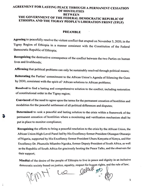 The authentic versions of the documents on the peace deal between the Government of Ethiopia and the TPLF. November 04,2022 title=