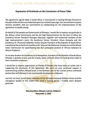 Expression of Gratitude on the Conclusion of Peace Talks title=