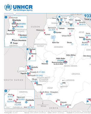 Ethiopia: Refugees population by location (As of 31 July 2023) title=