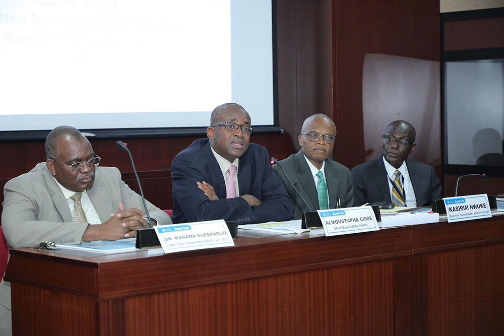 “Book Talk” knowledge sharing monthly event on Science, Technology and Innovation (STI): Left to right – Dr. Mahama Ouedraogo, Director, Science and Technology-AUC; Almoustapha Cisse, Acting Director, Public Information and Knowledge Management Division; Kasirim Nwuke, Chief, New Technologies and Innovation Section; Joseph Atta- Mensah, Principal Policy Adviser Photo © UNECA