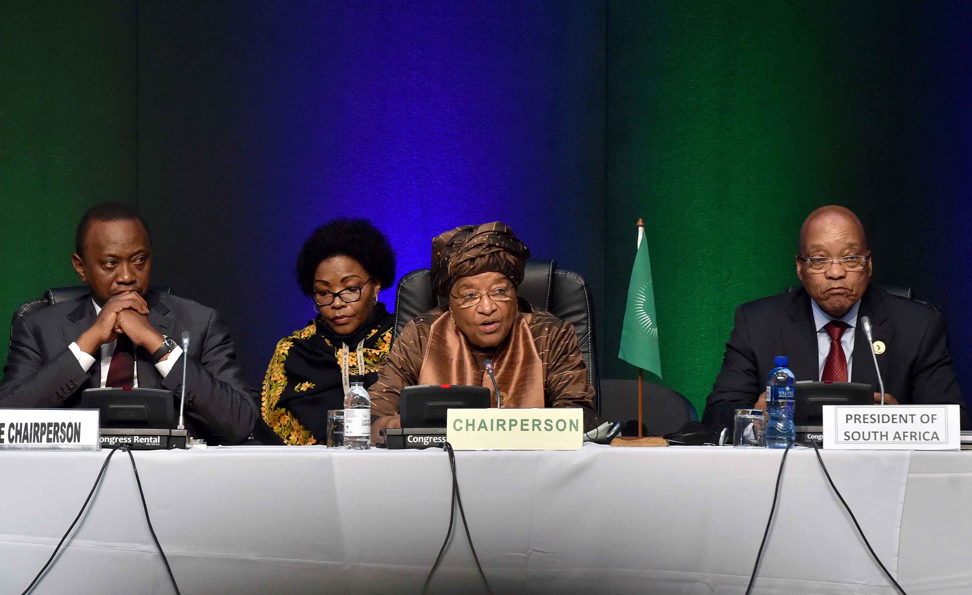 The Former President of South Africa, Jacob Zuma, the former President of Liberia, Ellen Johnson Sirleaf, and the President of Kenya, Uhuru Kenyatta at a meeting of the African Peer Review Mechanism (APRM) in Durban, South Africa, 14 April 2012. Photo © AU.