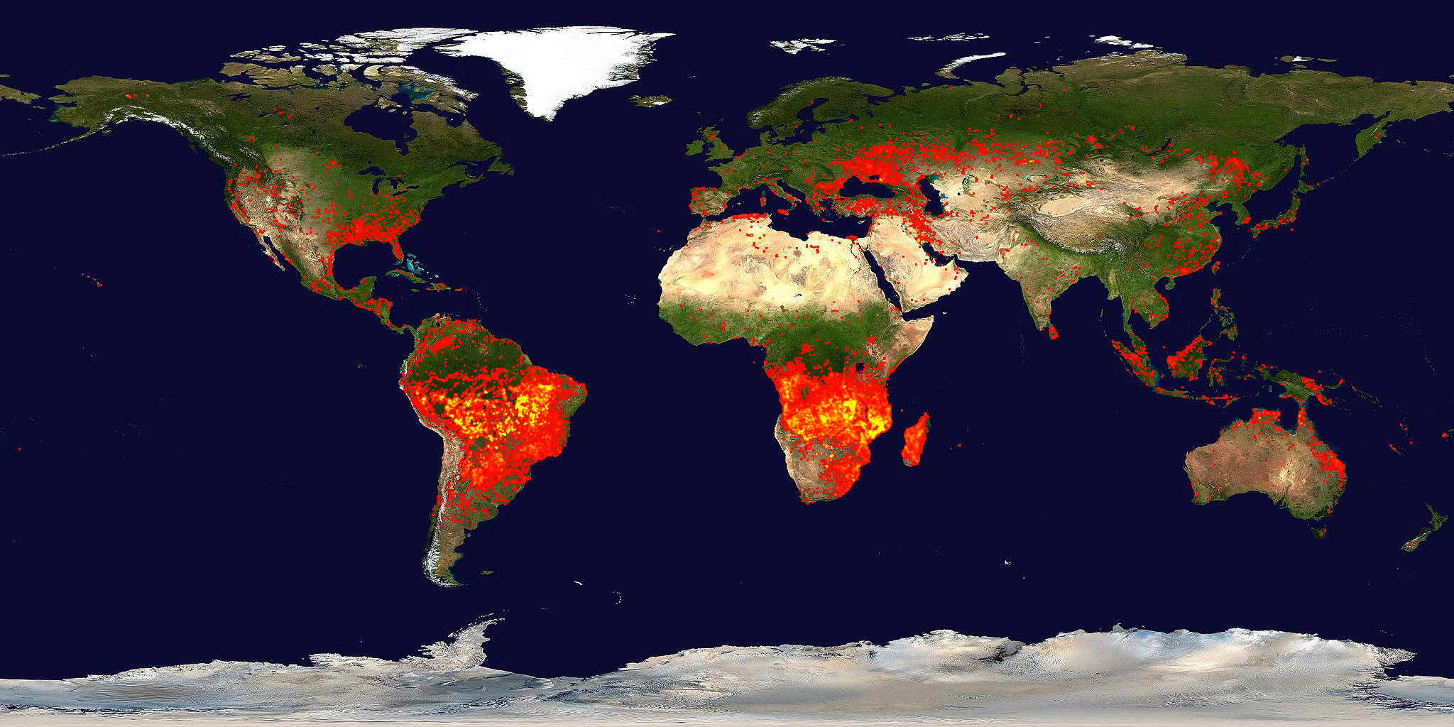 The Moderate Resolution Imaging Spectroradiometer (MODIS) on the National Aeronautics and Space Administration’s (NASA) Terra Satellite shows fire around the world. Credit: NASA