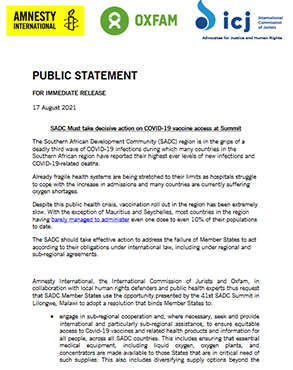 Southern Africa: SADC Must take decisive action on COVID-19 vaccine access at Summit title=