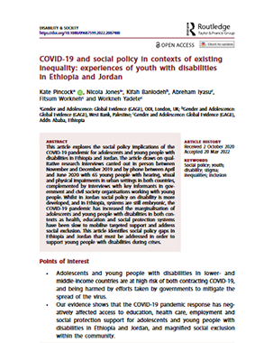 COVID-19 and social policy in contexts of existing inequality: experiences of youth with disabilities in Ethiopia and Jordan title=