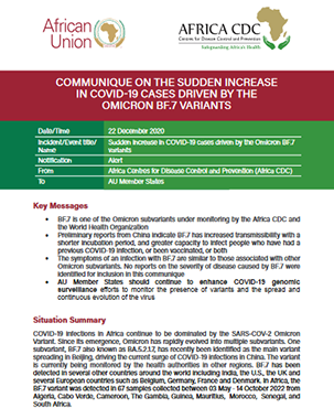 Communique on the Sudden Increase in COVID-19 Cases driven by the Omicron BF.7 Variants title=