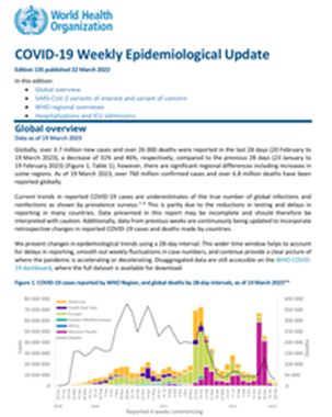 Weekly epidemiological update on COVID-19 - 22 March 2023:  Edition 135 title=