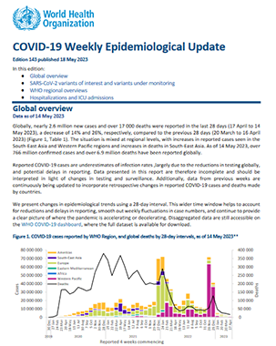 Weekly epidemiological update on COVID-19 - 18 May 2023: Edition 143 title=