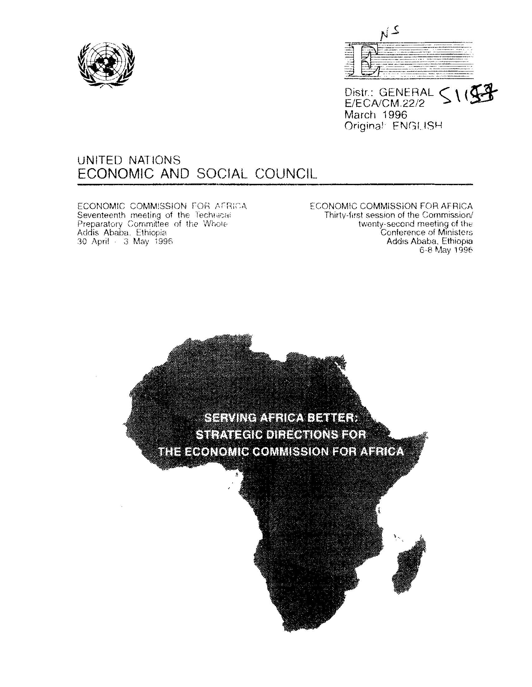 1996 Serving Africa better: strategic directions for the Economic Commission for Africa (strategic framework document outlining ECA reform and renewal process) was endorsed by the thirty-first session of the Commission. The African Information Society Initiative (AISI), was launched in 1996 by resolution 812(XXXI) and adopted by the ECA Conference of Ministers.