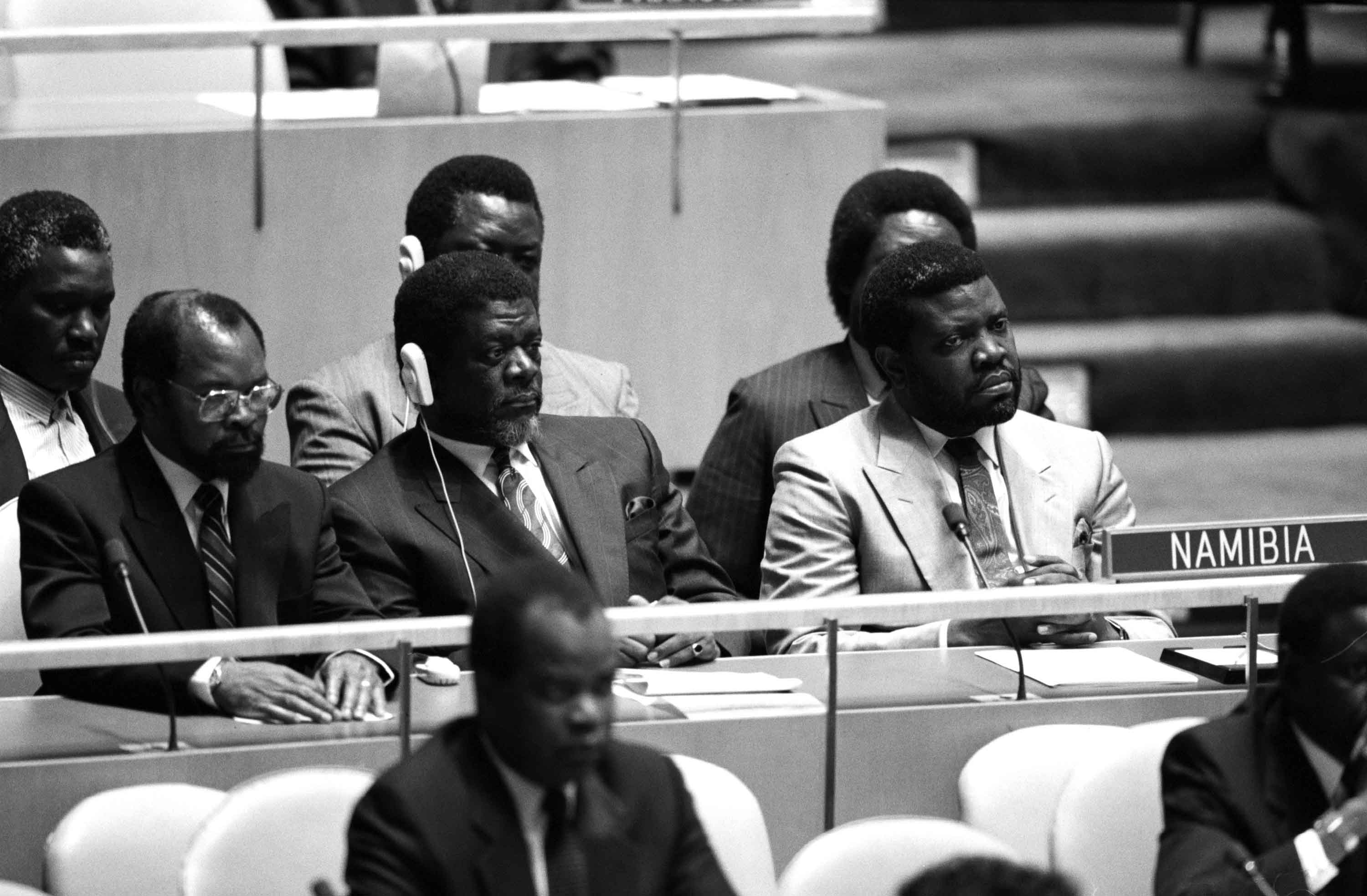 ADVOCACY: Namibia achieved its independence on 21 March 1990 and requested admission to the United Nations. With the unanimous adoption of resolution 652 by the Security Council, Namibia was recommended for membership in the United Nations. In this picture, the Prime Minister of Namibia, Hage G. Geingob (behind the name-plate), heads his country’s delegation on the historic occasion of being admitted to the United Nations on 23 April 1990.