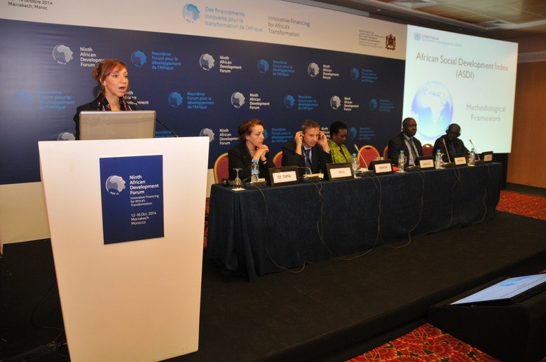 Launch of an innovative tool, the African Social Development Index (ASDI), at the African Development Forum in Marrakech, Morocco,12–16 October 2014. It was developed by the Social Development Policy Division of the Economic Commission for Africa in response to the call from African Member States for an African-specific indicator of exclusion. Photo © ECA