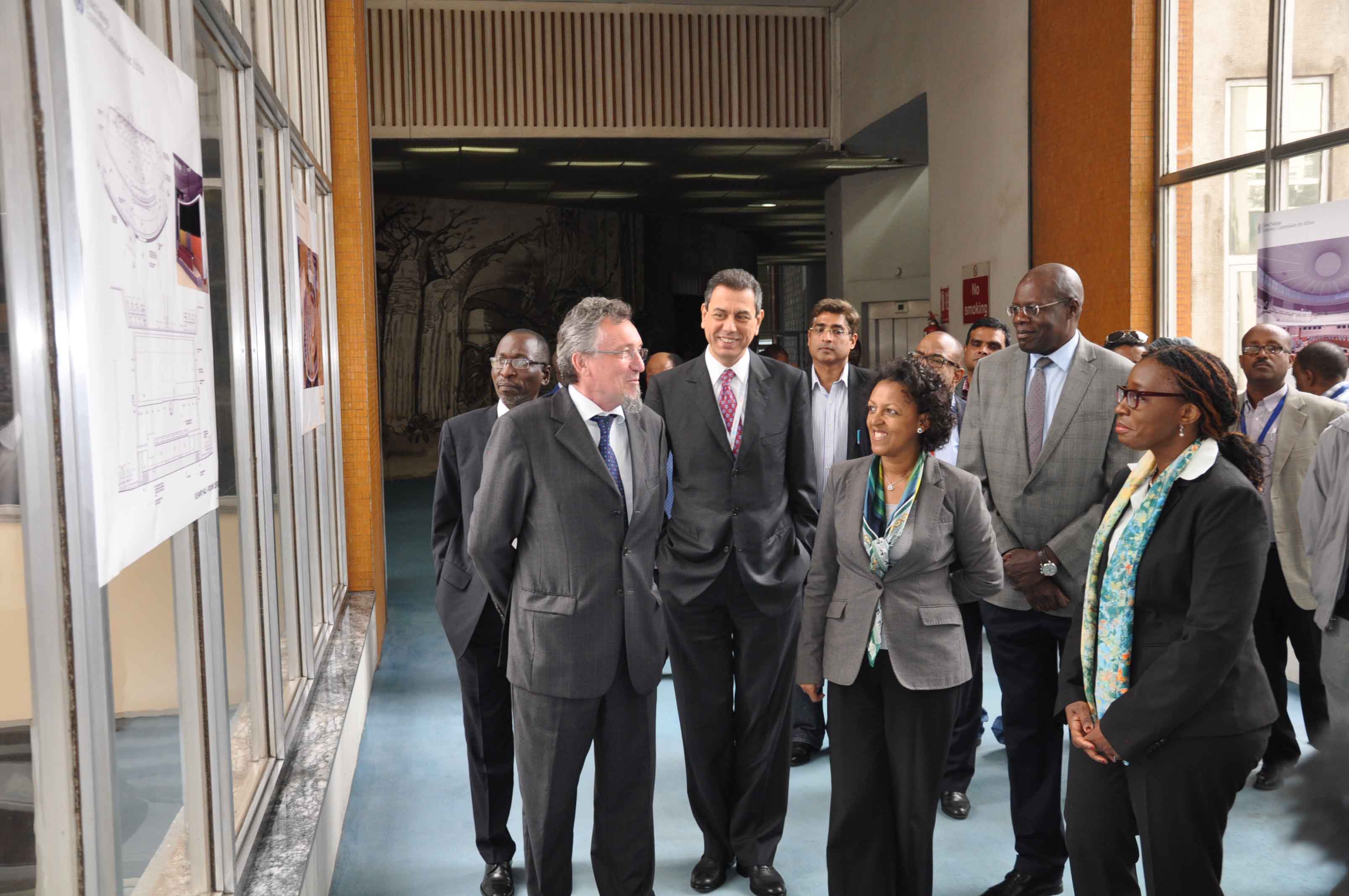 During the signing of the agreement on the renovations of Africa Hall. Left to right: Collen Kelapile, former ECA Chief of Staff; Antonio Baio, Project Manager Africa Hall; Carlos Haddad, Director of Division of Administration; Hirut Zemene Kasa, Minister of State for Foreign Affairs of Ethiopia, Jim Ocitti, former ECA Director of Public Information and Knowledge Management Division; and Vera Songwe, ECA Executive Secretary.