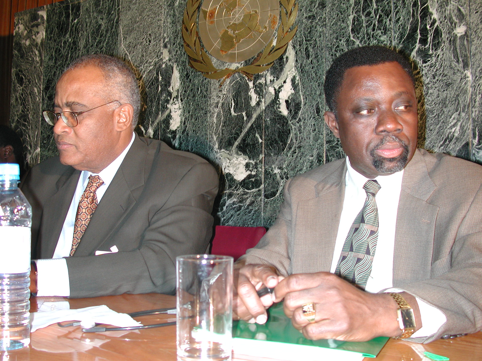 ENHANCED PARTNERSHIPS: African Union Symposium pre-African Development Forum event to examine the current status of the transition from OAU (from left to right: Secretary-General of the OAU, Salim Ahmed Salim, and ECA Executive Secretary, Kingsley Y. Amoako.