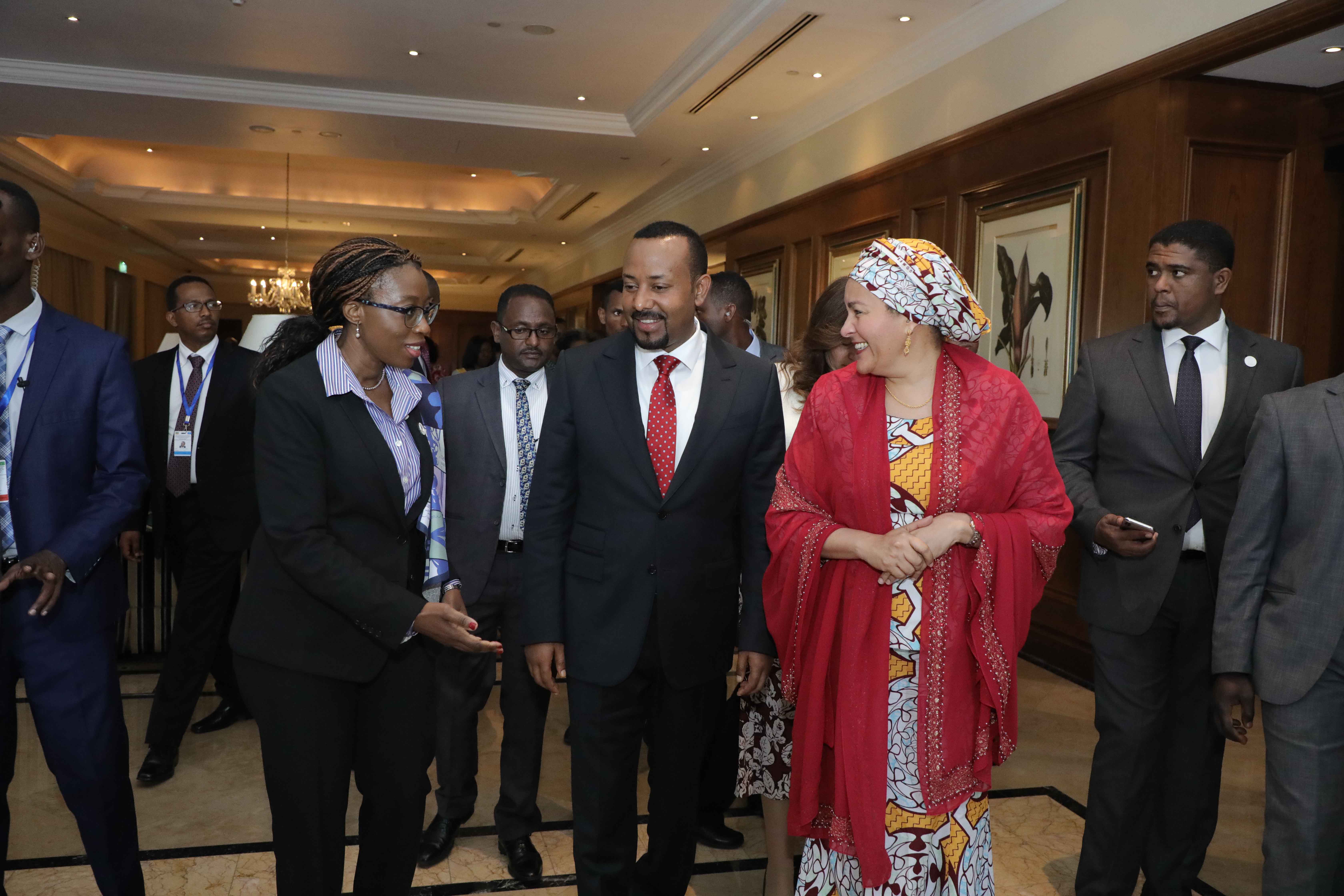 ECA Executive Secretary, Vera Songwe, with Prime Minister of Ethiopia, Abiy Ahmed, and Deputy Secretary-General of the United Nations on 18 November 2018 at the 11th Extraordinary Summit of the African Union at the African Union headquarters in Addis Ababa, Ethiopia during which the ECA and the African Union Commission (AUC) convened a high-level meeting on the need for Africa to embark on a digital identification drive. Photo © ECA