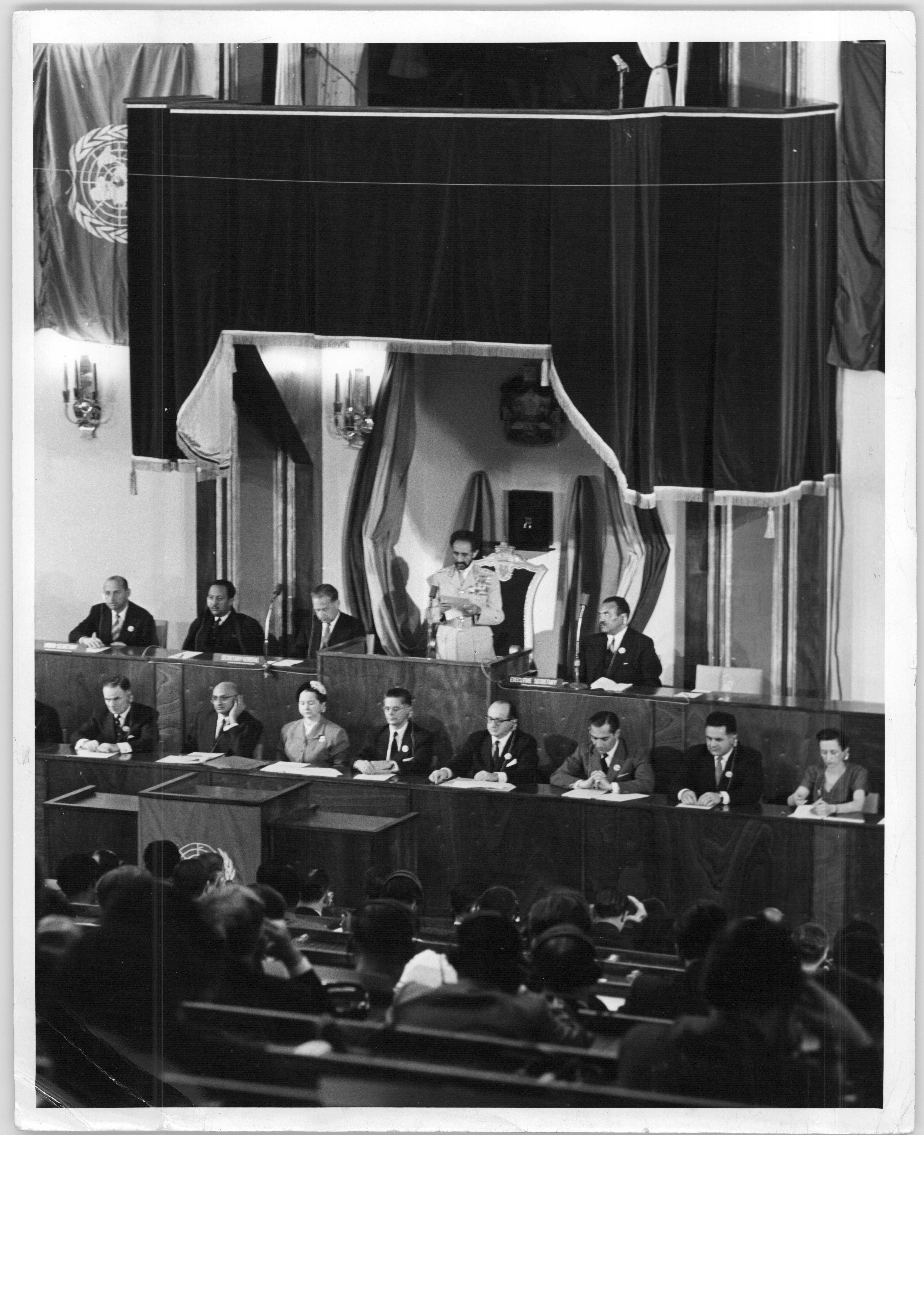 FIRST SESSION OPENS: Emperor Haile Selassie I delivering his speech to open the first session of the Economic Commission for Africa in the parliament building in Addis Ababa, 29 December 1958.