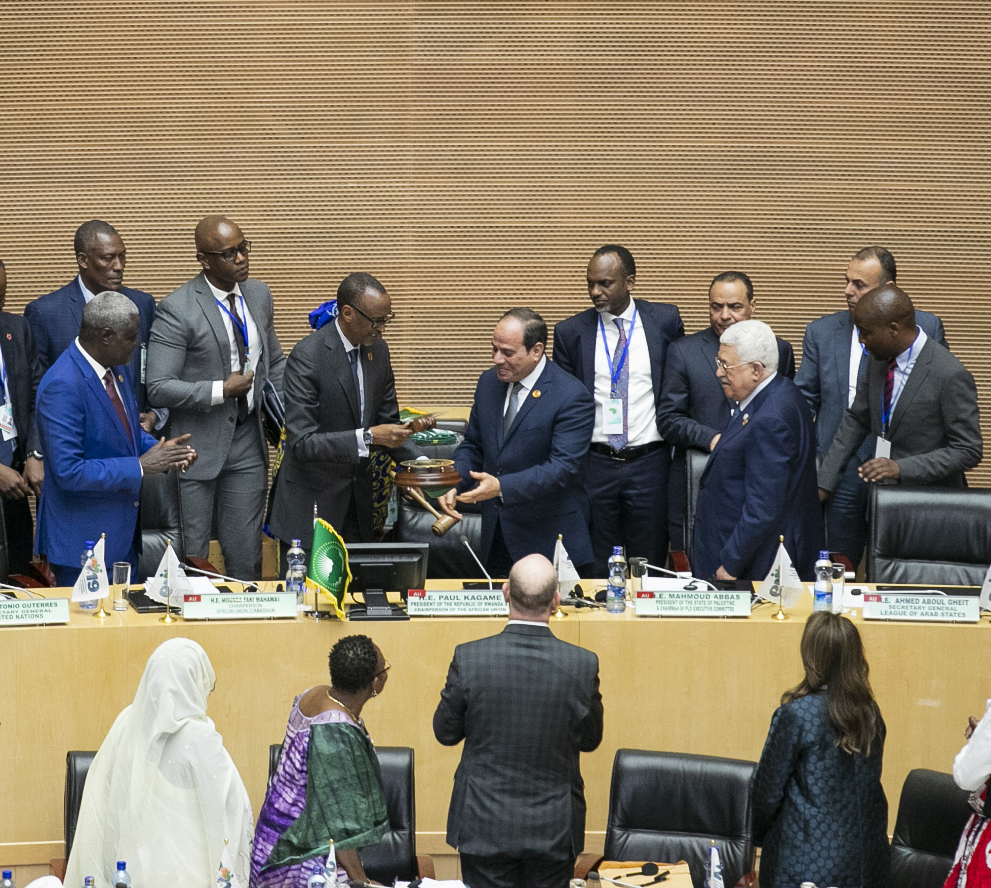 The President of Rwandan, Paul Kagame, hands over the African Union Chairmanship to the President of Egypt, Abdel Fattah Al-Sisi, during the opening ceremony of the thirty-second Ordinary Session of the Assembly of the African Union on 10 February 2019. Photo © African Union The President of Rwandan, Paul Kagame, hands over the African Union Chairmanship to the President of Egypt, Abdel Fattah Al-Sisi, during the opening ceremony of the thirty-second Ordinary Session of the Assembly of the African Union on 10 February 2019. Photo © African Union