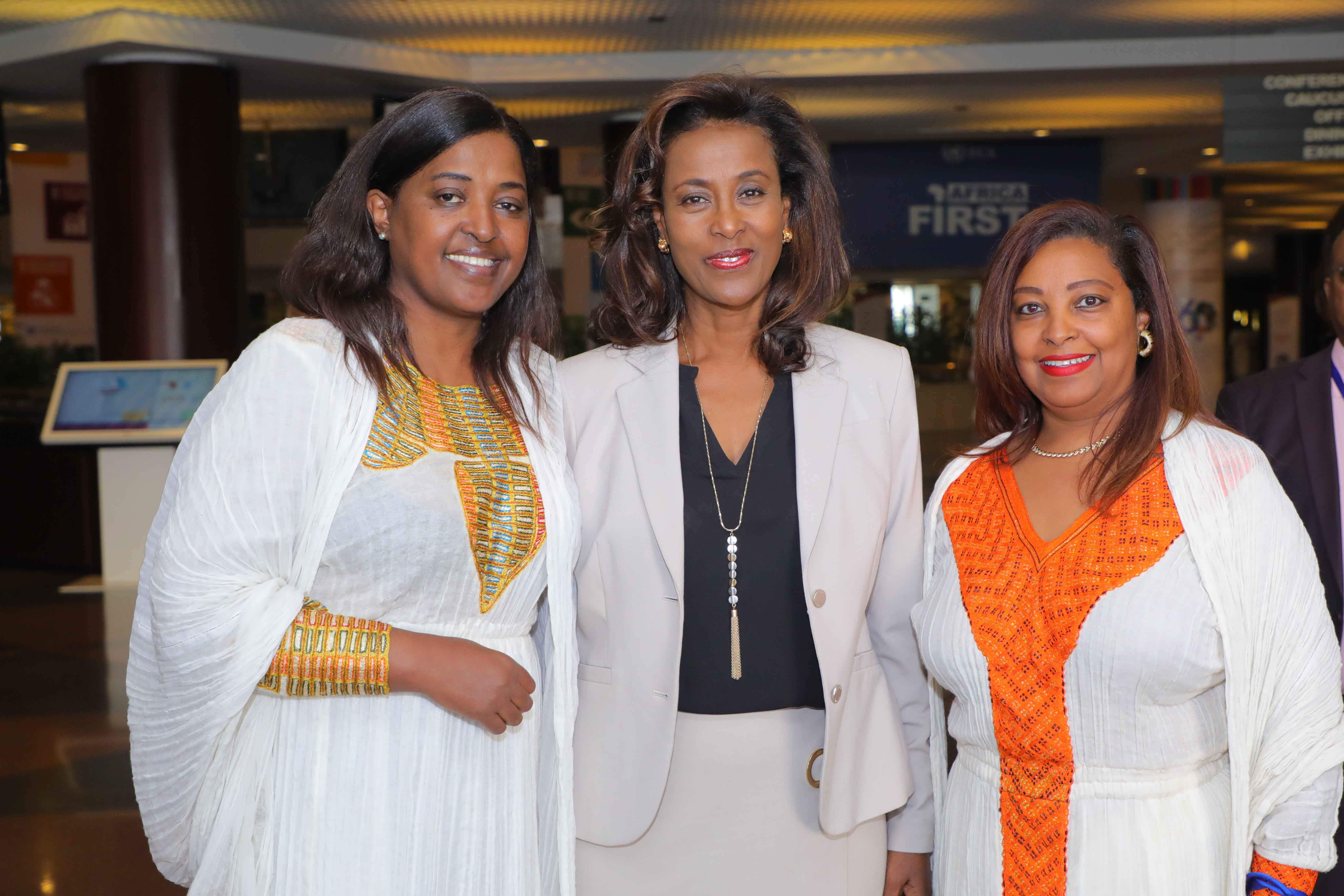 Former ECA staff, Meaza Ashenafi (centre), the first female president of the Supreme Court in Ethiopia, together with former colleagues, Konjit Digaf and Mulutsega Legesse during the “ECA at 60 celebrations” on 17 December 2018. Photo © UNECA