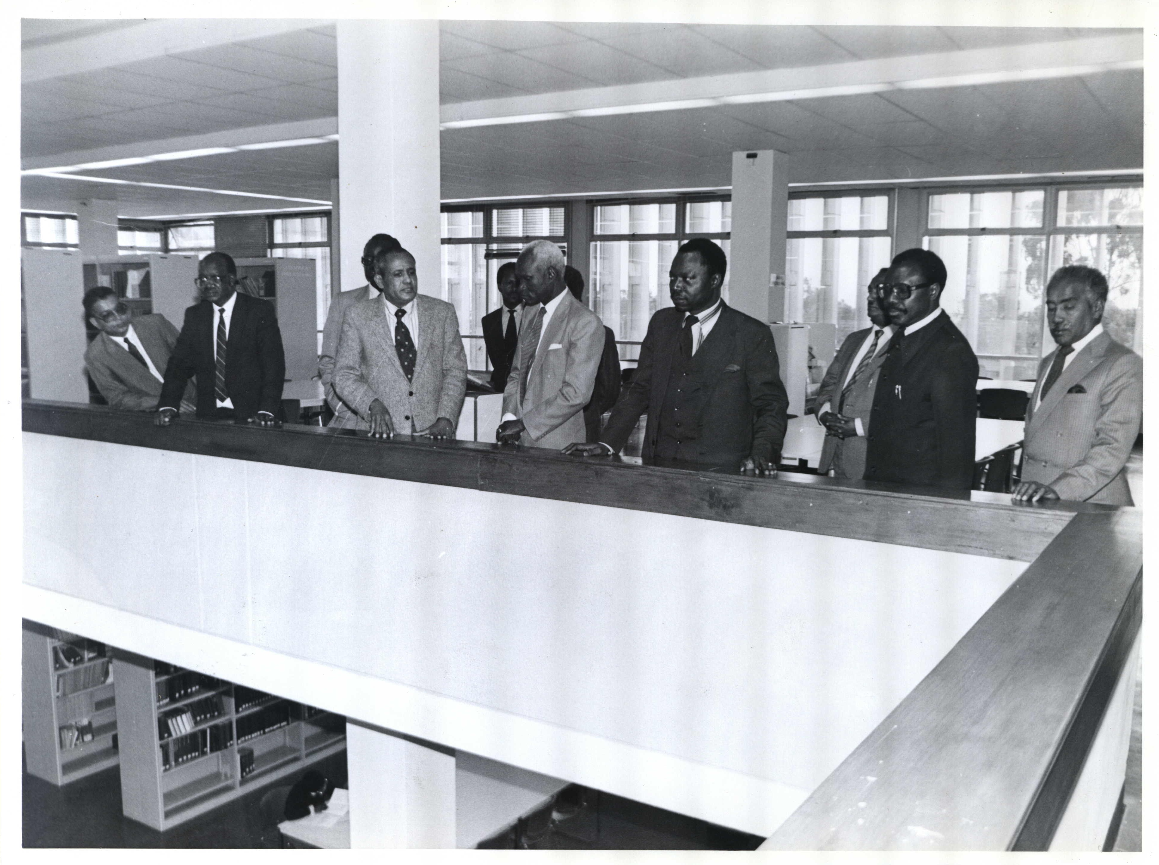 Executive Secretary of ECA, Adebayo Adedeji, and Secretary General of the Organization of African Unity, Ide Omaru, with other guests at the inauguration of the ECA Library in 1970. Photo © ECA
