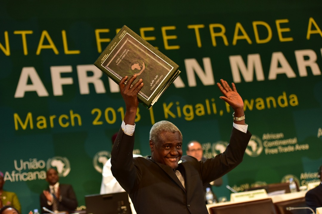 MILESTONE: Chairperson of the African Union Commission, Moussa Faki Mahamat, celebrating the signing of the African Continental Free Trade Area agreement on 21 March 2018. In addition, 43 countries signed the Kigali declaration and 27 countries signed the protocol of the free movement of people. MILESTONE: Chairperson of the African Union Commission, Moussa Faki Mahamat, celebrating the signing of the African Continental Free Trade Area agreement on 21 March 2018. In addition, 43 countries signed the Kigali declaration and 27 countries signed the protocol of the free movement of people.